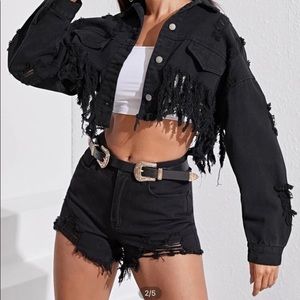Black over-sized distressed cropped denim jacket